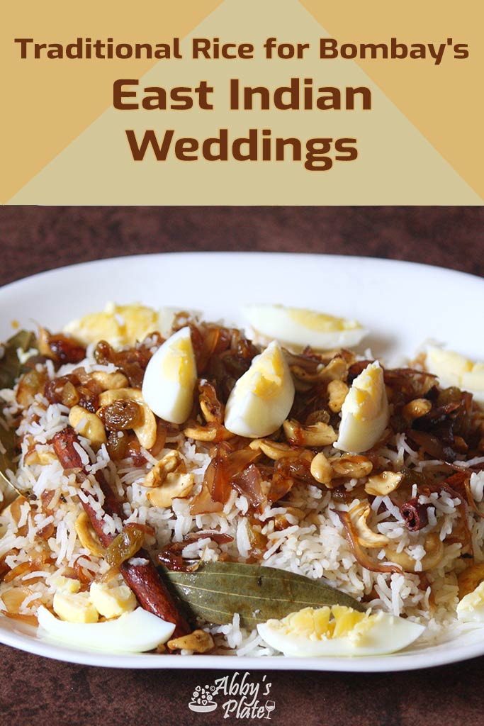 Pinterest image of East Indian wedding rice in a white platter.