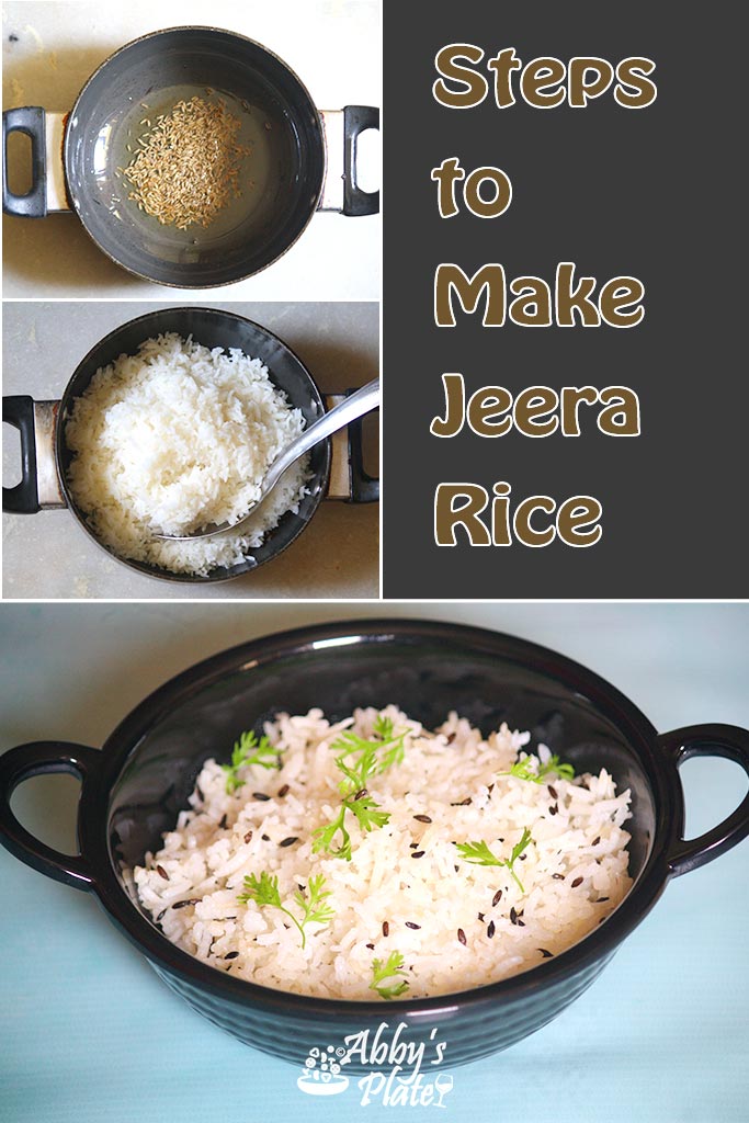 pinterest image of steps to make jeera rice sprinkled with coriander.