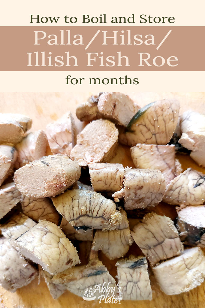 Pinterest image of 1.5 inch pieces of roe of illish / palla / hilsa fish in a pot.