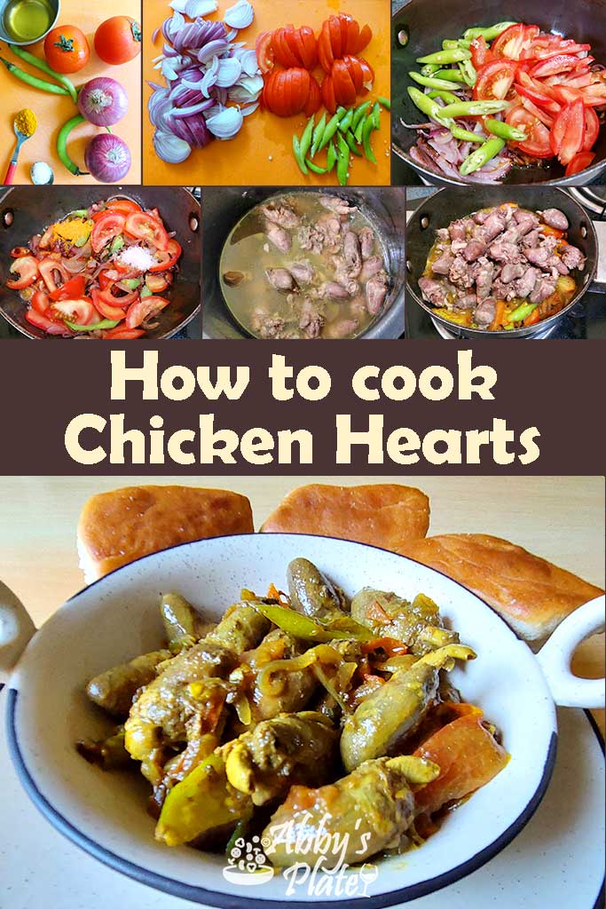 Pinterest image of chicken heart chili fry  steps and final dish.