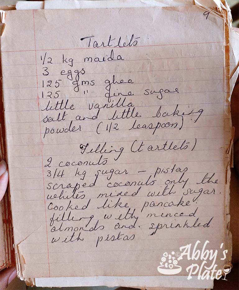 Mom's old handwritten tartlet recipe.